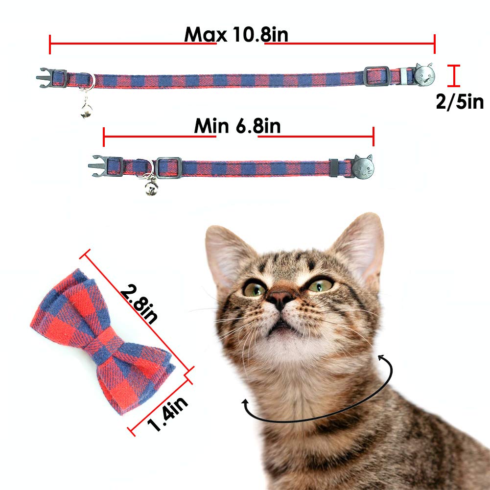 Cat Collar Breakaway With Bell And Bow Tie, Plaid Design Adjustable Safety Kitty Kitten Collars Set Of 2 Pcs(6.8-10.8In) (Red&Black Plaid)