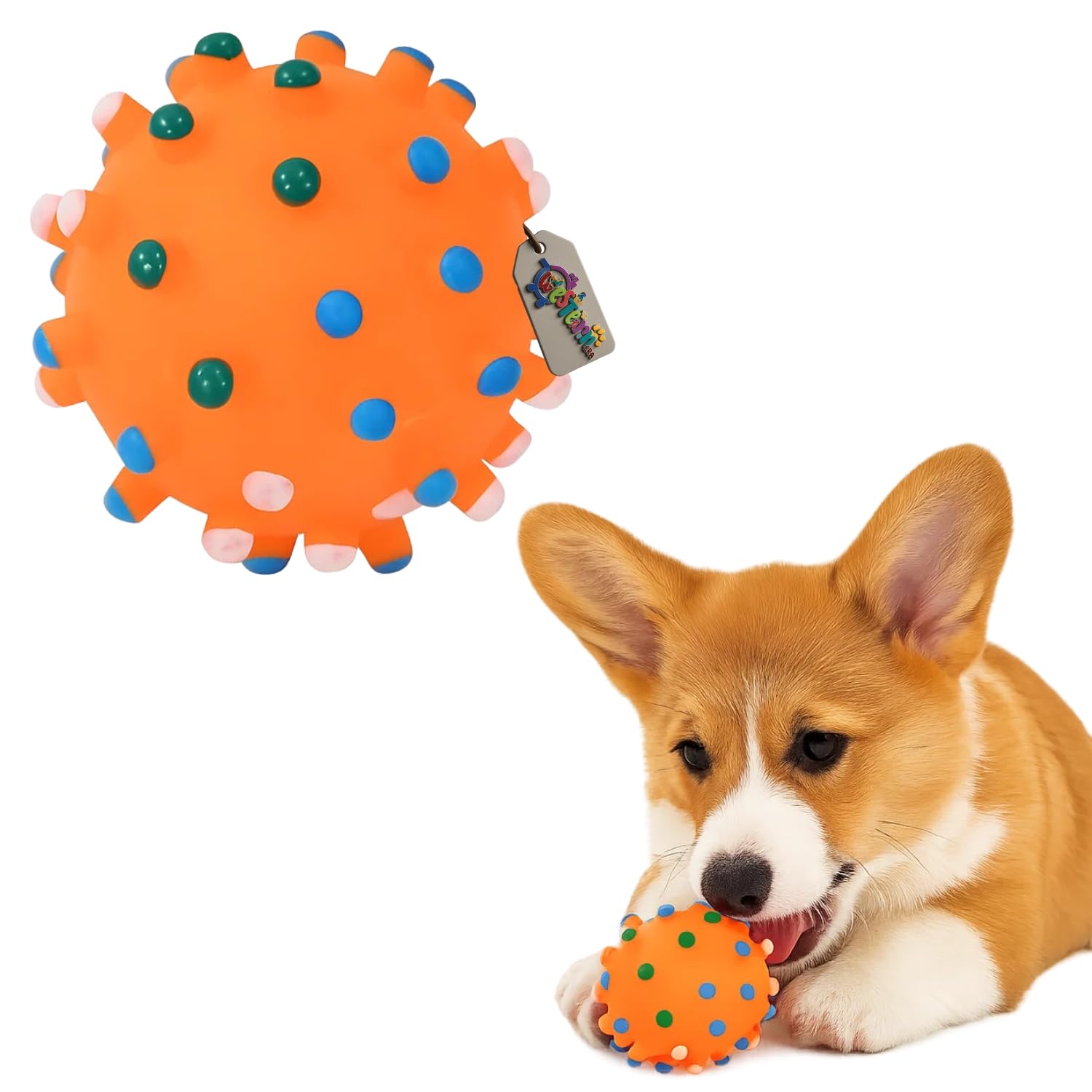 Western Era Spikey Ball Dog Toy | Durable Orange Rubber Squeaky Toy for Dogs | Textured Ball for Fetch, Teething, Gum Massage & 