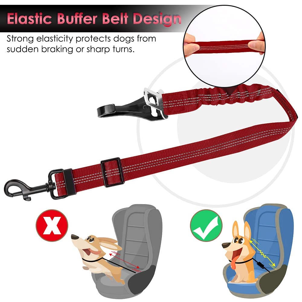 Slowton 2 Pack Dog Seat Belt, 2 In 1 Attachment, Hook Latch Bar Or Seatbelt Buckle With Elastic Nylon Bungee Buffer Adjustable Reflective Nylon Safety Belt Tether Connect To Dog Harness (2Pack-R)