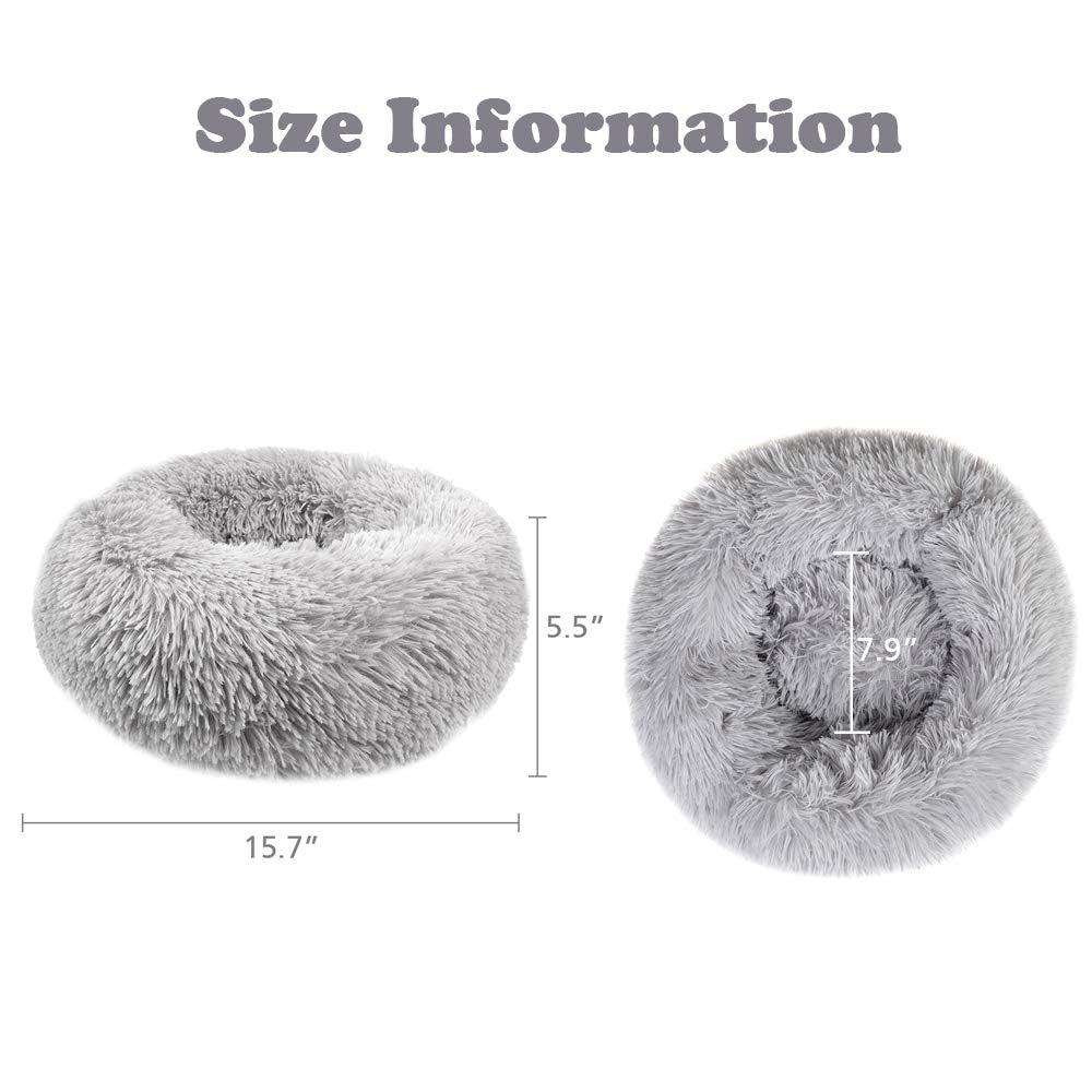 Otoez Round Plush Donut Pet Bed Warm Fur Cuddler Dog Cat Cushion Bed Calming Bed Non-Slip Bottom (15.7', Light Grey)