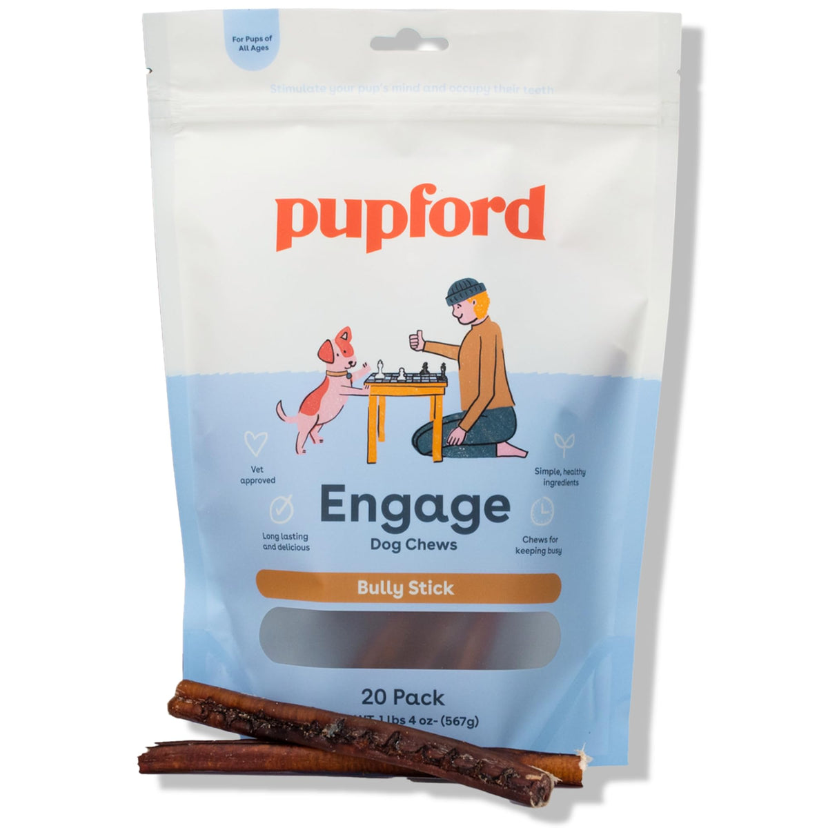 Pupford Thick Bully Sticks For Dogs & Puppies, Smoked For Improved Smell, Natural, Long-Lasting, Single Ingredient Chews For Small & Medium Breeds (6', 20 Count)