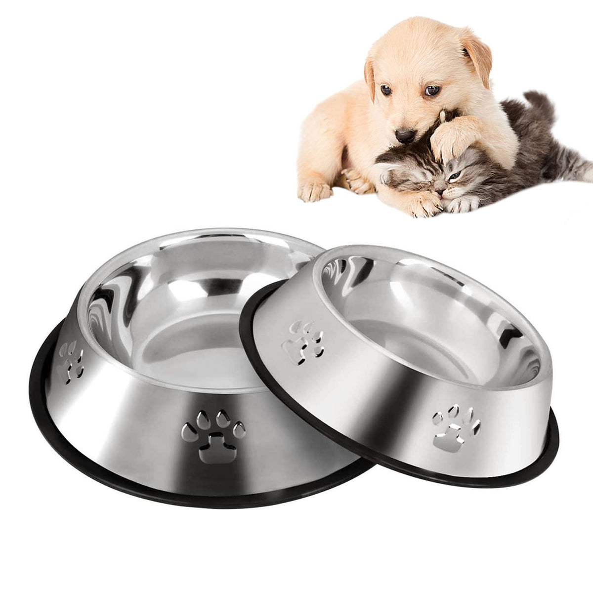 YUDANSI 2 Stainless Steel Dog Bowls, Dog Feeding Bowls, Dog Plate Bowls with Rubber Base,Small Pet Feeder Bowls and Water Bowls 