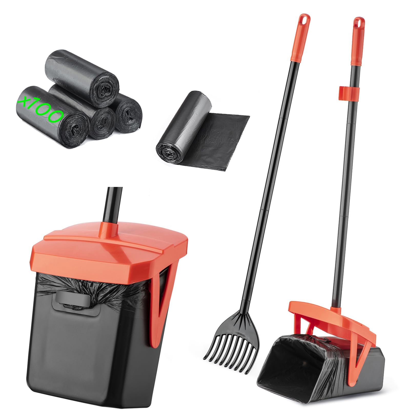 Timingila 36'' Pooper Scooper Swivel Bin & Rake With 100 Dog Poop Bags,Adjustable Long Handle For No-Bend Cleanup,Portable Non-B