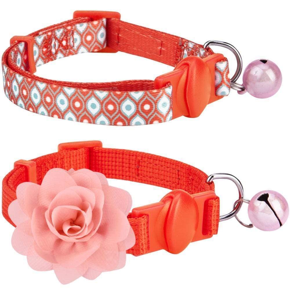Blueberry Pet Pack Of 2 Cat Collars, The Flower Power Perfect Orange Adjustable Breakaway Cat Collar With Bell & Detachable Flow