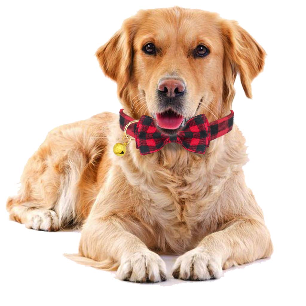 Kudes Plaid Dog Collar With Bow, 2 Pack/Set Adjustable Dog Bow Tie Collars With Bell, Best Pet Gift For Small Medium Large Girl And Boy Dogs, Red & Black