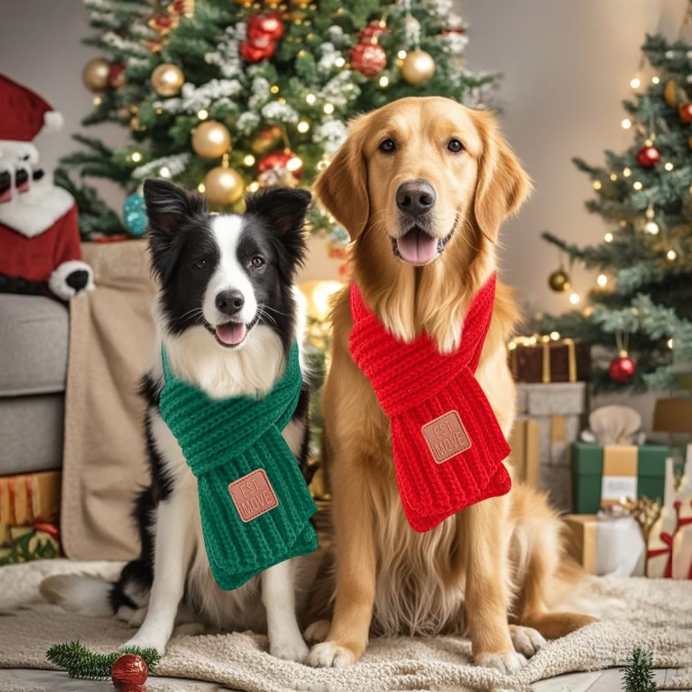 2 Pack Christmas Scarf For Small Medium Large Dogs & Cats - Green Red Warm Knitted Fall Winter Bandana Holiday Decoration (Xmas