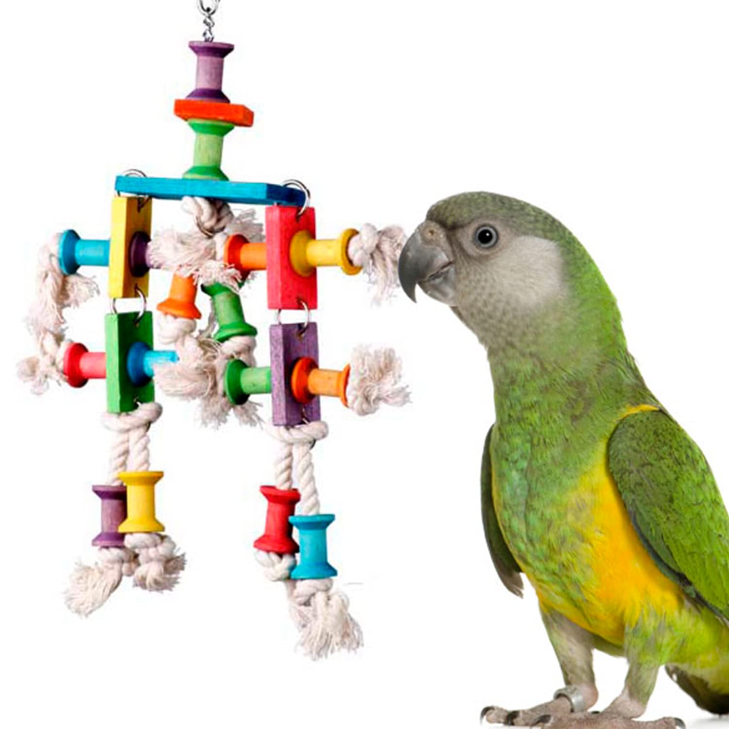 Super Bird Creations Sb468 Dancing Spools Bird Toy With Colorful Wooden Spools And Cotton Rope - Ideal For Ringnecks, Parrots, Quakers - Preening And Chewing Toy - Medium Bird Size - 13' X 8' X 2'