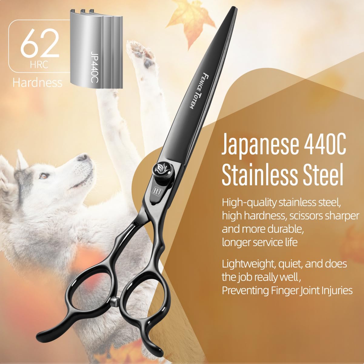 Fenice Totem Dog Grooming Scissors: 7.5 Inch Bright Black Pet Staright Shears Made Of Japanese 440C Advanced Stainless Steel Pro