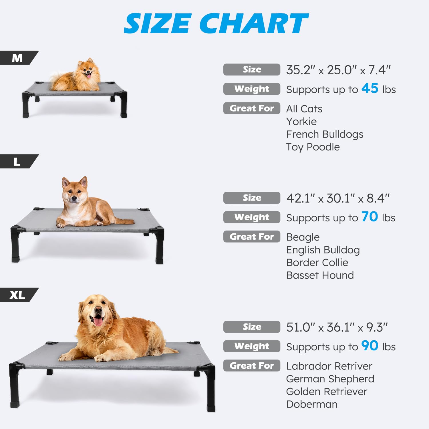 Cooling Elevated Dog Bed, Raised Dog Bed with Washable Breathable Mesh and Metal Frame, Portable Dog Cot Bed with No-Slip Feet f