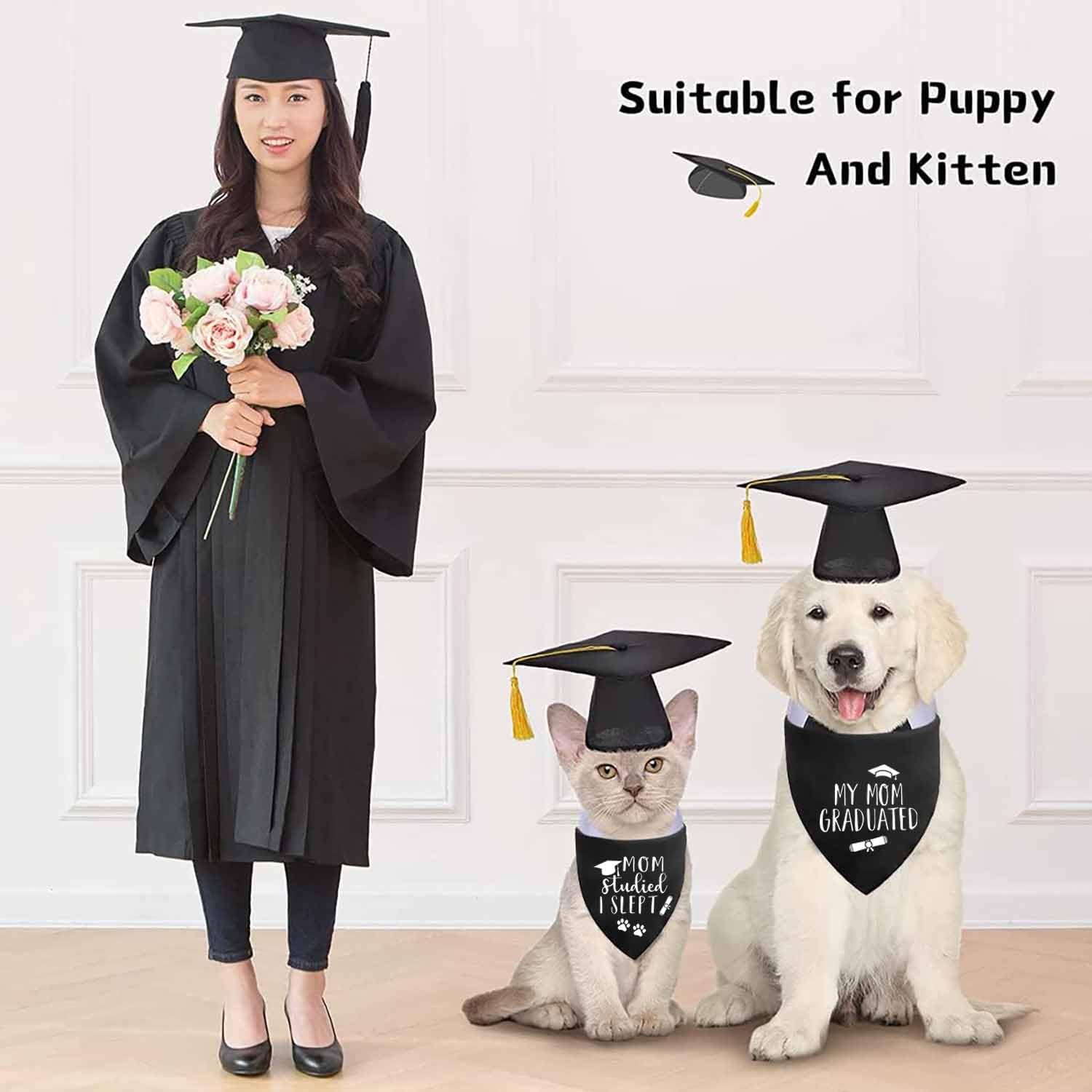 Graduation Dog Bandanas, My Mom Graduated Dog Outfits, 2 Pcs Adjustable Triangle Double-Layer Reversible Pet Bandanas For Small