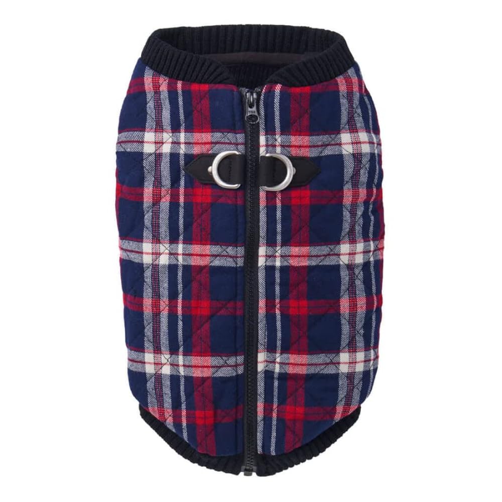 Gooby Fashion Vest Check Dog Jacket - White Check, X-Small - Warm Zip Up Bomber Vest Dual D Ring Leash - Winter Water Resistant 