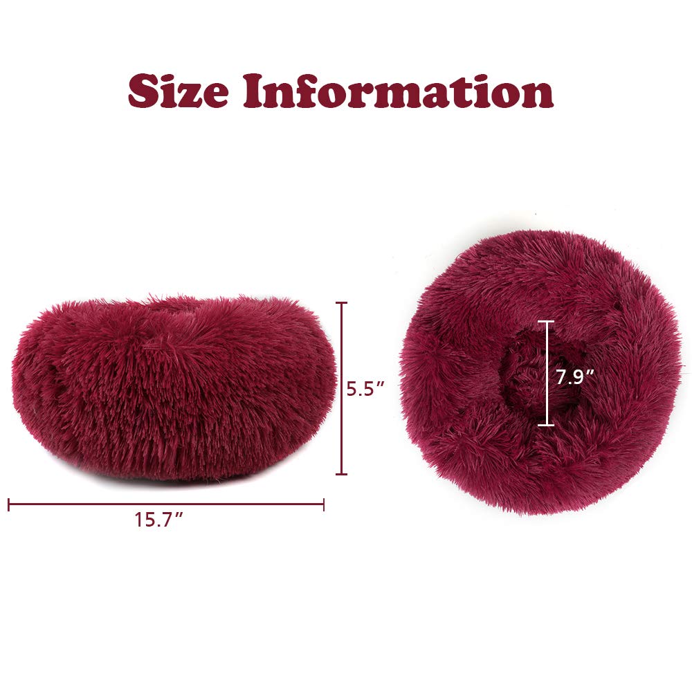 Otoez Round Plush Donut Pet Bed Warm Fur Cuddler Dog Cat Cushion Bed Calming Bed Non-Slip Bottom (15.7', Dark Red)