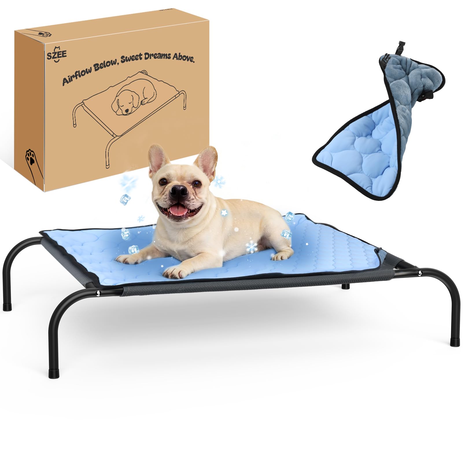 SZEE Raised Dog Bed with Detachable 2-Sided Cooling/Warming Waterproof Mat, Elevated Dog Cot Bed for Medium Sized Breeds with Du