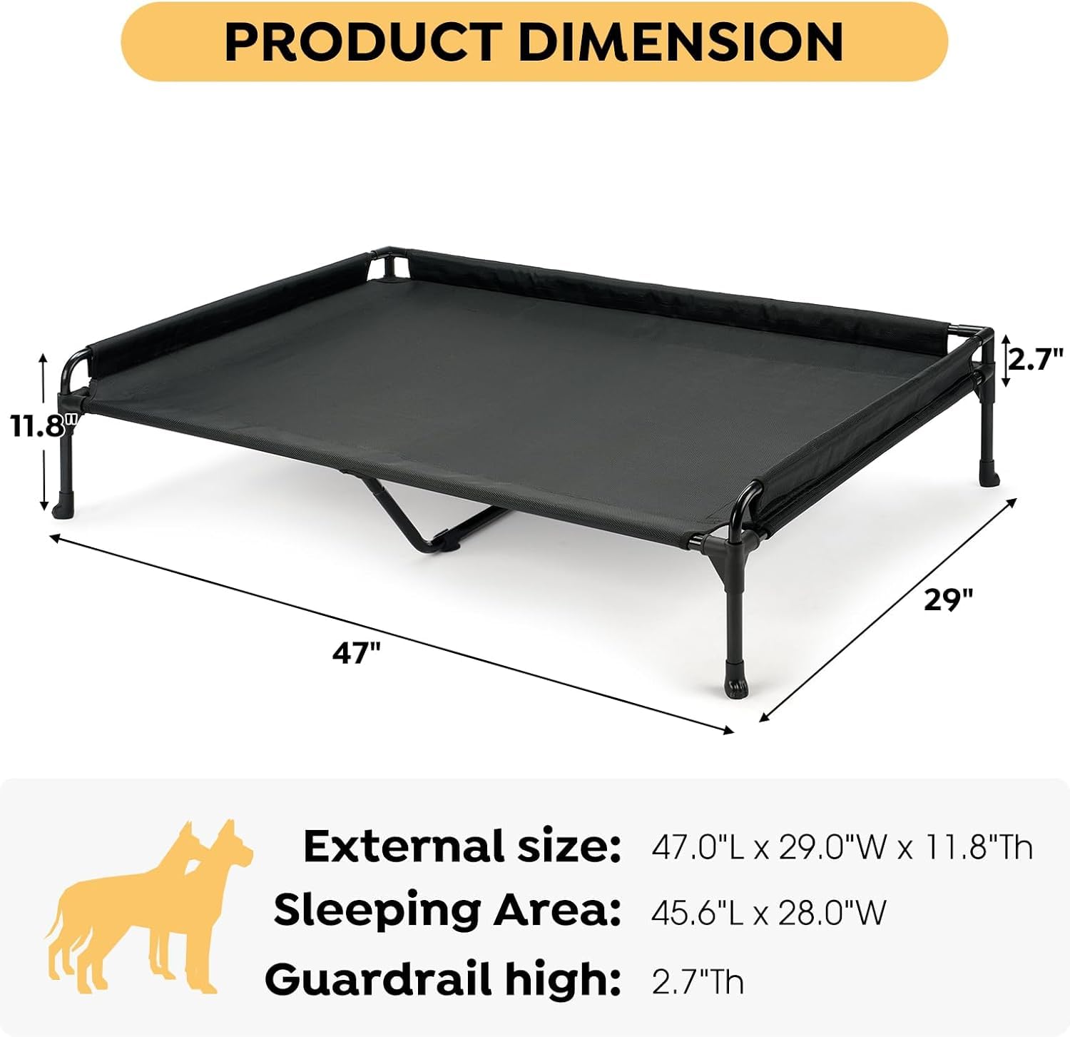 Veehoo Elevated Dog Bed - Large 47x29 Black Cooling Cot with Three-Sided Fence, Durable Mesh & Non-Slip Feet for Outdoor Use