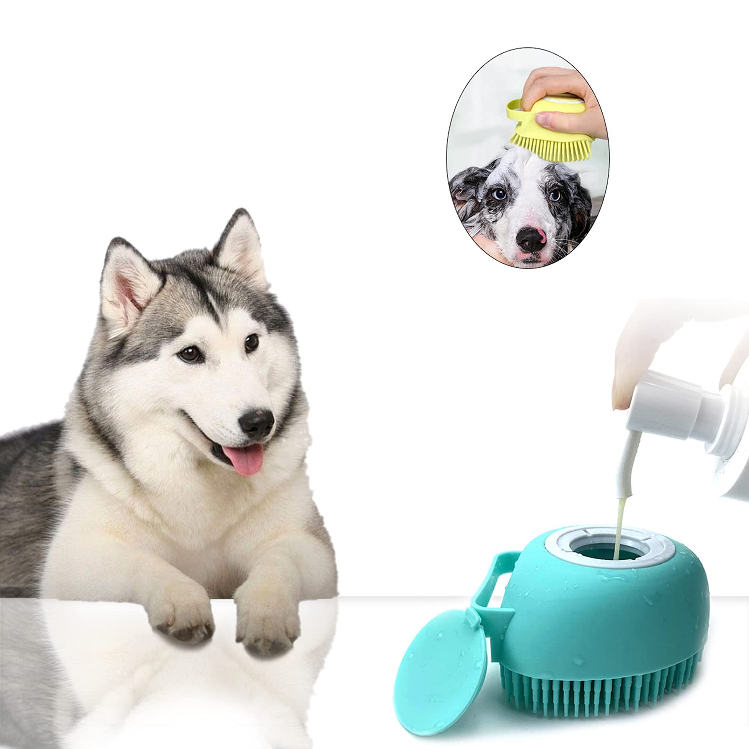 ELEGX Pet Grooming Brush with Soap Dispenser, Soft Silicone, for Dogs & Cats, Yellow, Model ELEGX, 1 PCS