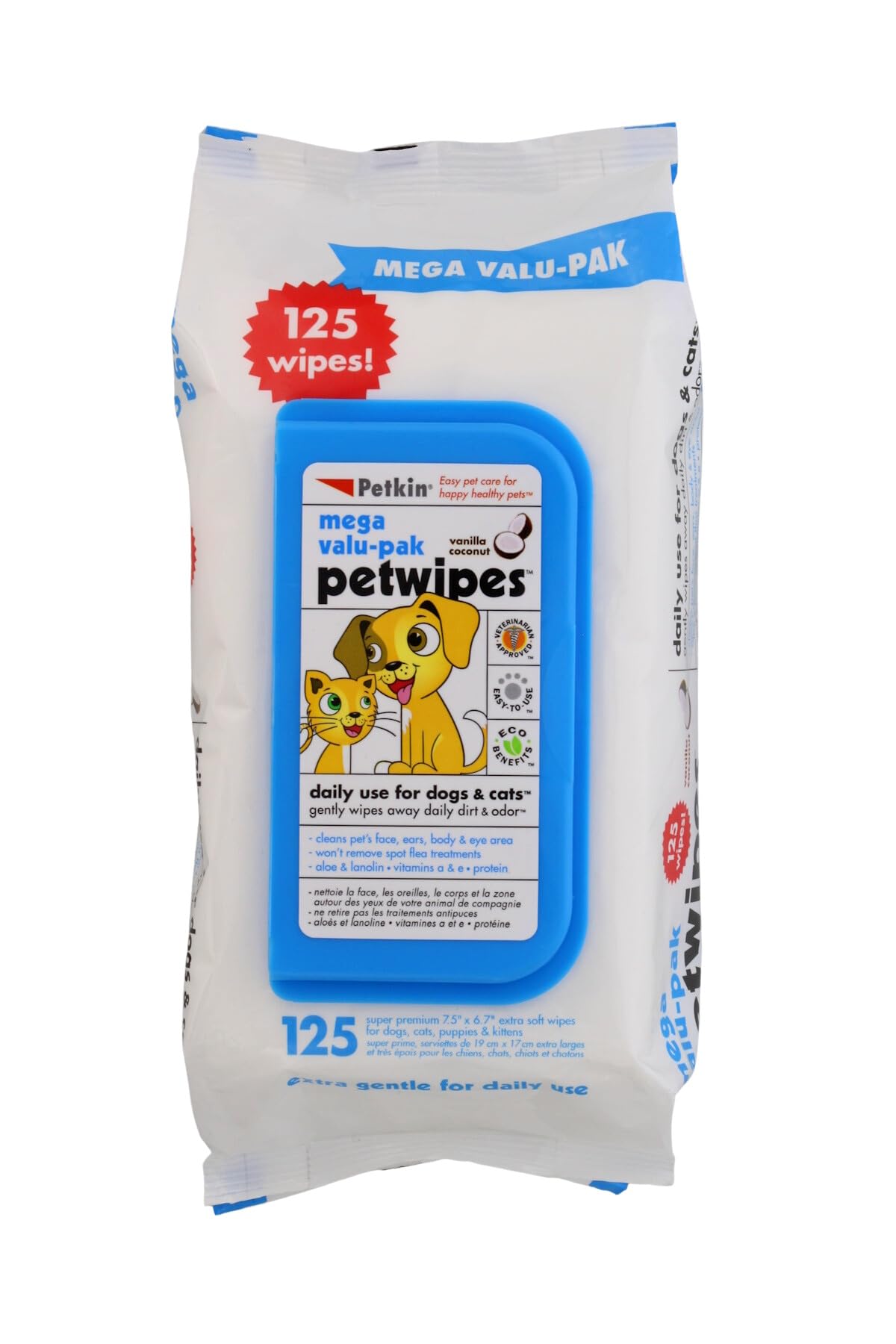Petkin Mega Valu-Pak Pet Wipes, 125 Wipes - Pet Wipes for Dogs & Cats - for Face, Paws, Ears, Body & Eye Area - Super Convenient