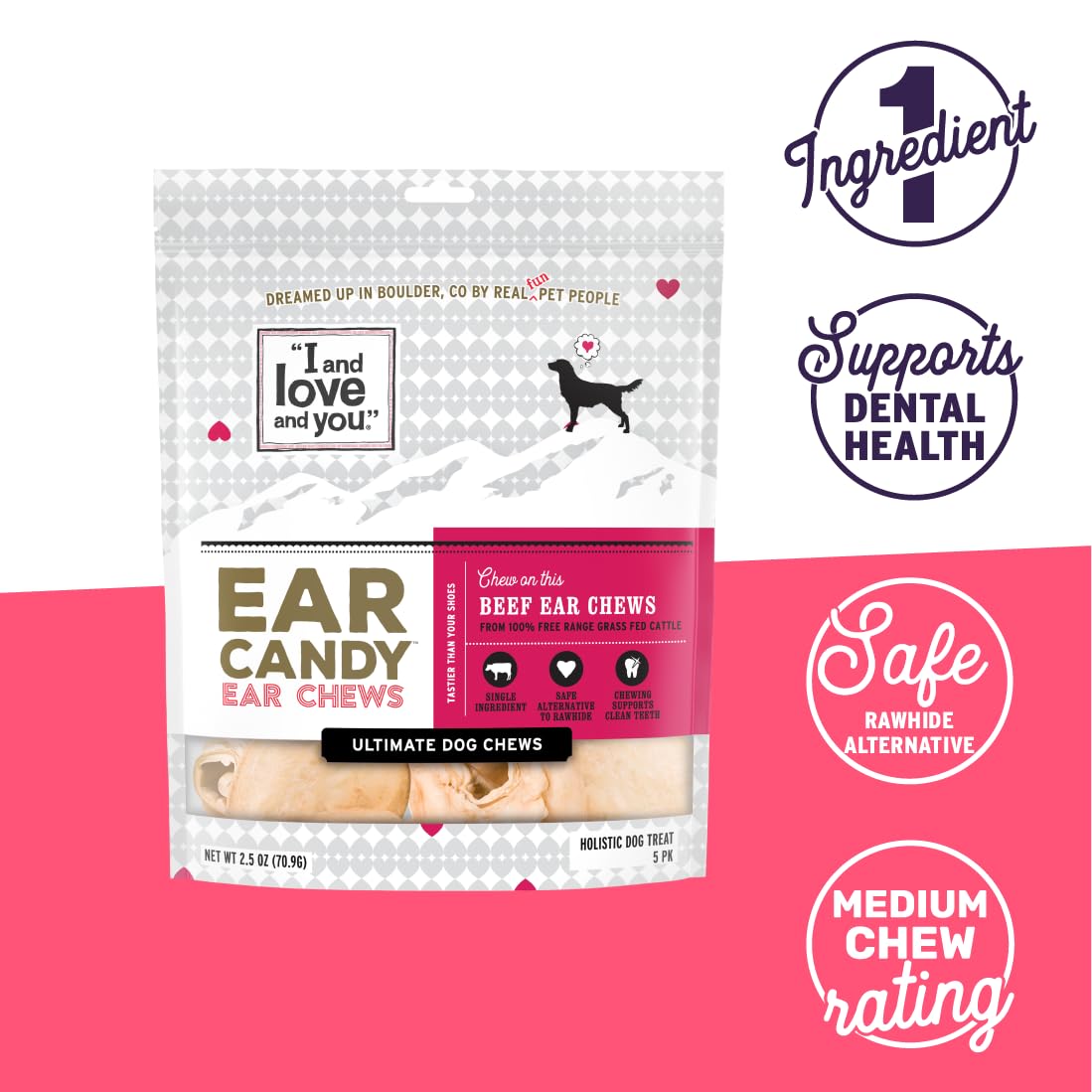 I and love and you Ear Candy Cow Ear Chews - Beef - Rawhide Alternative, Single Ingredient, Free Range Grass Fed Beef, 5ct