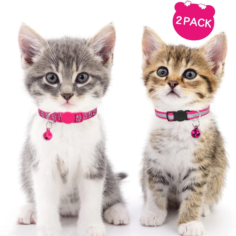 Taglory Reflective Cat Collars Breakaway With Bell, 2 Pack Girl Boy Pet Kitten Collar Adjustable 6-8 Inch, Hotpink