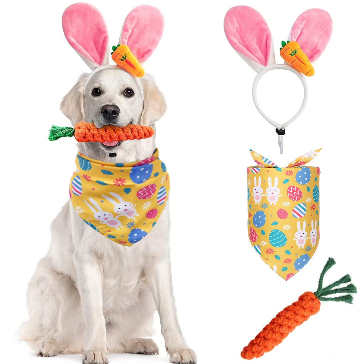Dog Easter Bunny Costume, Pet Rabbit Ears Headband, Puppy Egg Bandana, Funny Carrot Dog Toy Set, Teeth Cleaning Chew Toys Gifts 