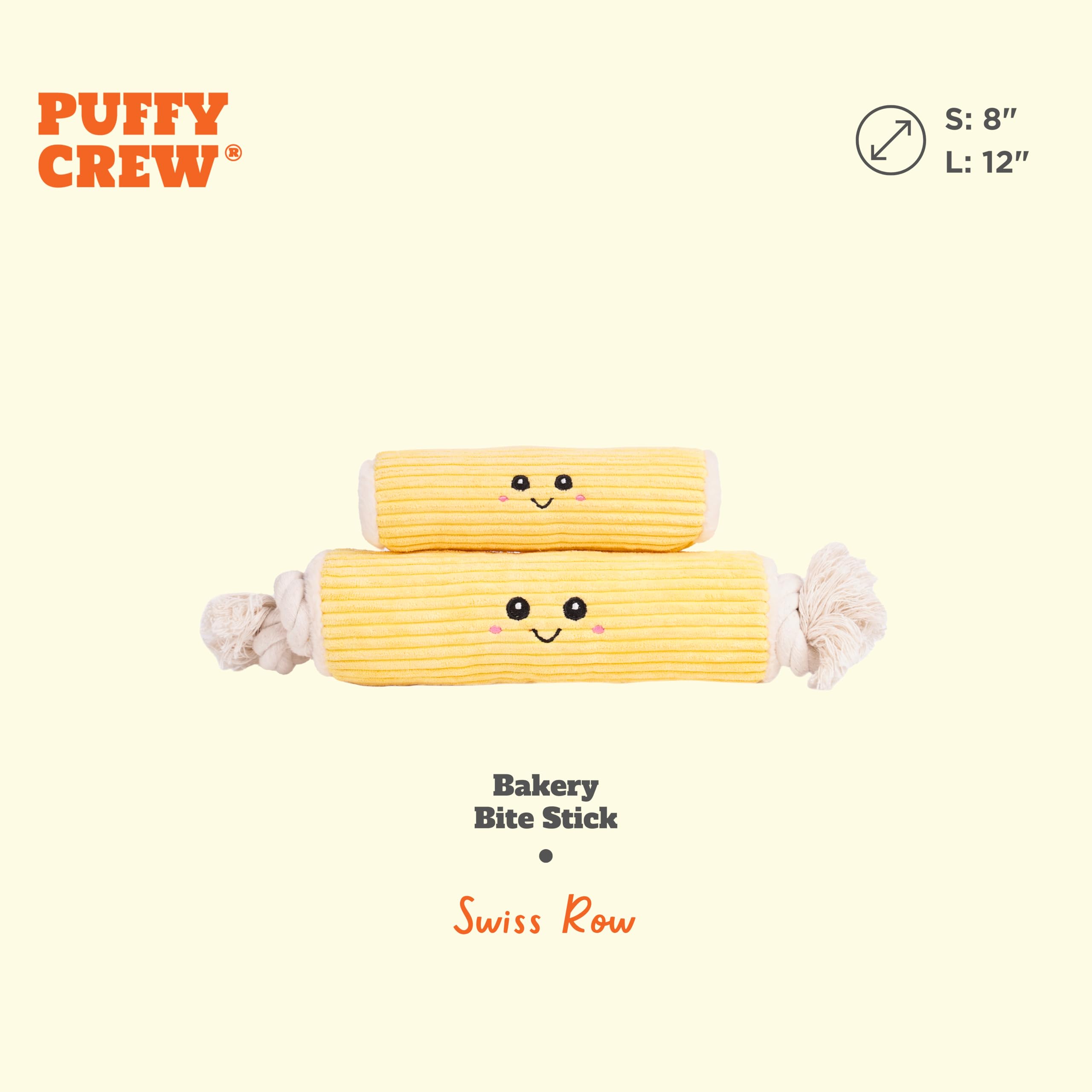Puffy Crew Squeaky Dog Plush Toy, Bakery Bite_Stick Collection, 12, For Various Sized Dogs (Swiss Roll, Large)