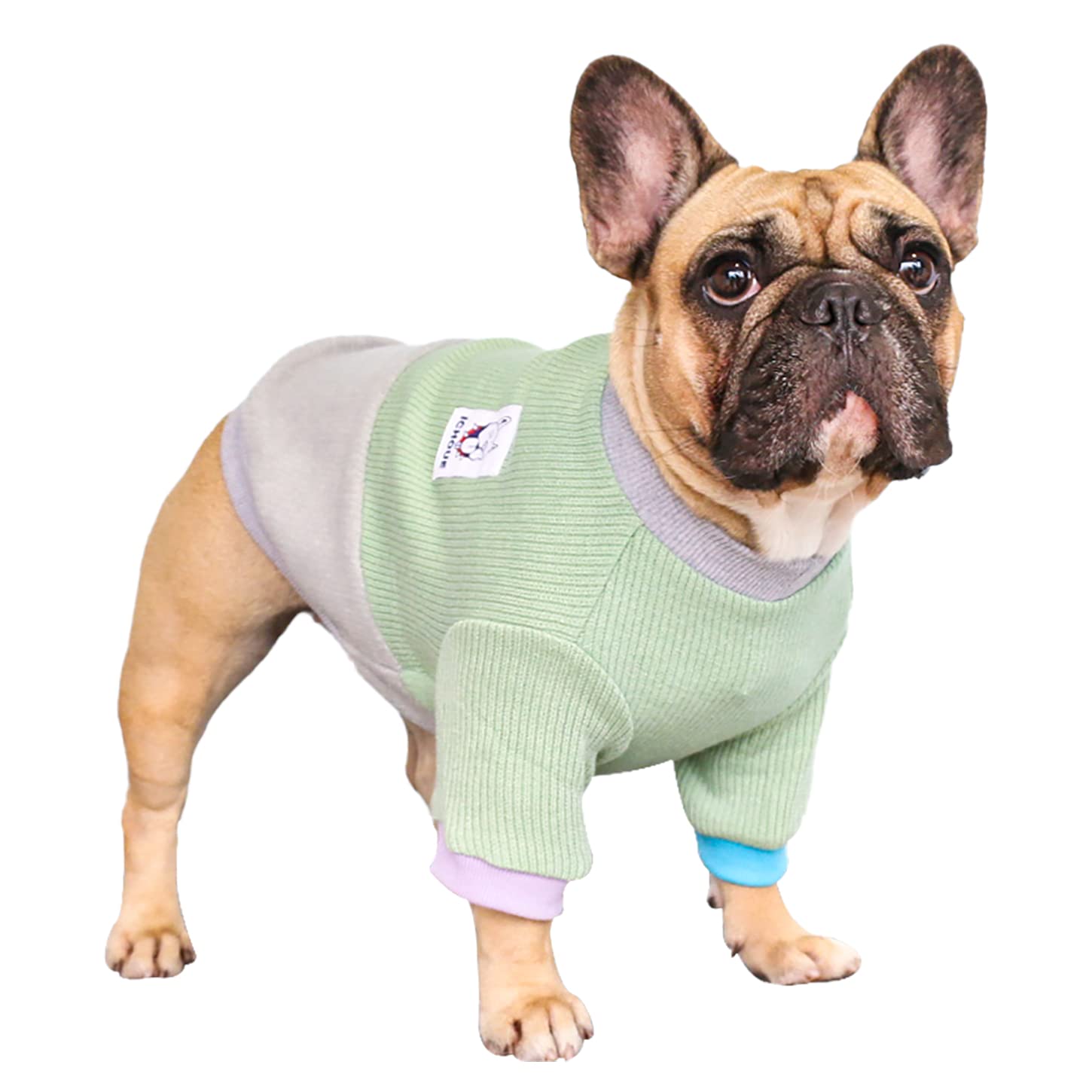 Ichoue Pet Dog Crewneck Sweater Color Block Pullover Winter Warm Clothes For French Bulldog Frenchie Shiba Inu - Green And Grey/