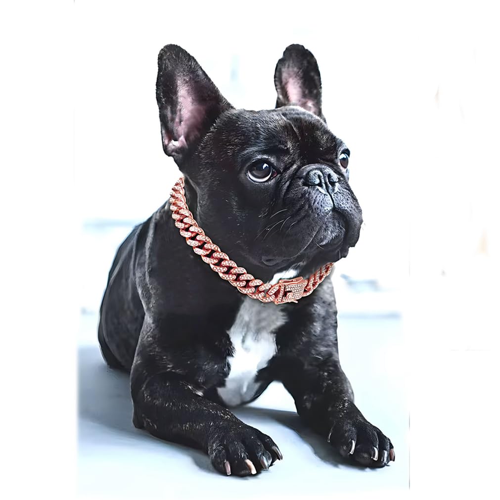 Rose Gold Dog Necklace Collar,Dog Chain Collars,Cuban Link Dog Collar, Diamond Necklace Metal Bling Choke, 13Mm Wide Pet Jewelry