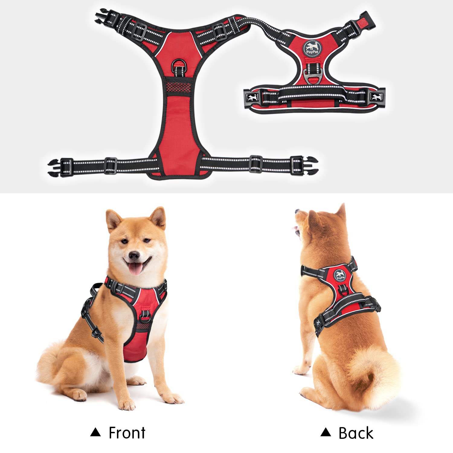 Poypet No Pull Dog Harness, No Choke Front Clip Dog Reflective Harness, Adjustable Soft Padded Pet Vest With Easy Control Handle For Small To Large Dogs(Red,M)