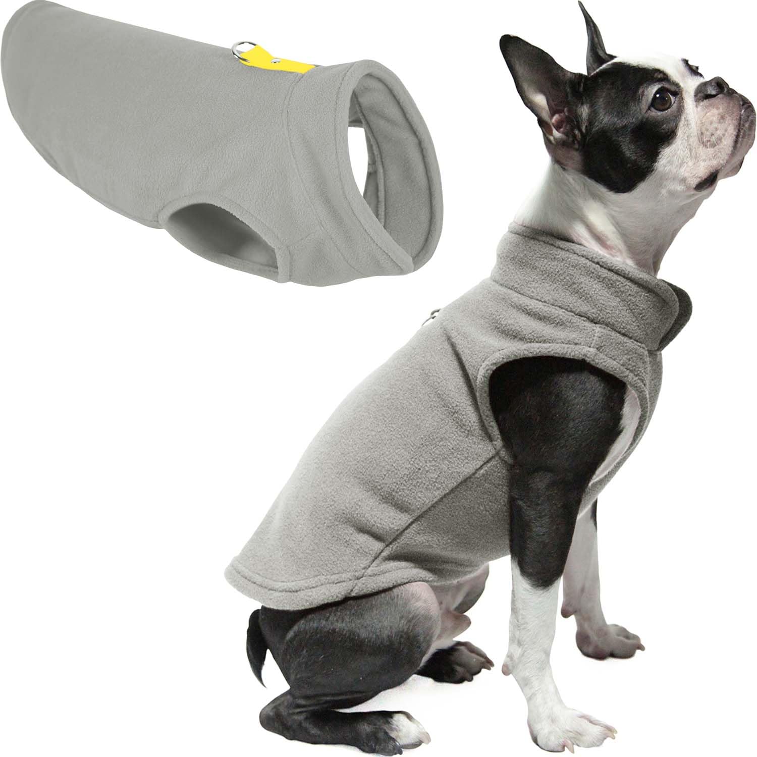Gooby Fleece Vest Dog Sweater - Gray-Yellow, Medium (Around 11-Lb), Warm Pullover, Dog Jacket With O-Ring Leash - Winter Small D