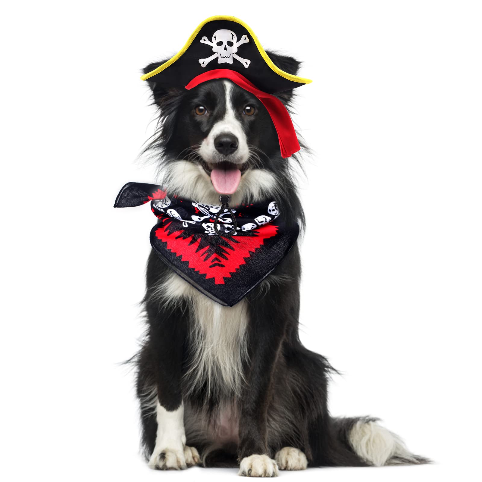 Aichiyu 2 Pieces Skull Print Pet Pirate Hat With Pirate Skull Bandana Dog Cat Captain Cap Halloween Pirate Cosplay Costume Halloween Party Hat Dress Up Costume Accessories (A) One Size