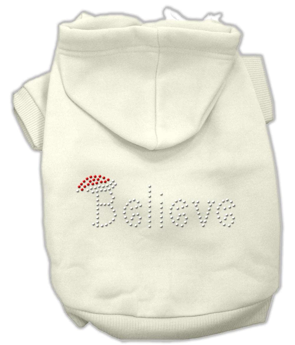 Christmas Pet Dog & Cat Hoodie Rhinestone, &quot;Believe&quot; Cream MD (6-10 lbs.)