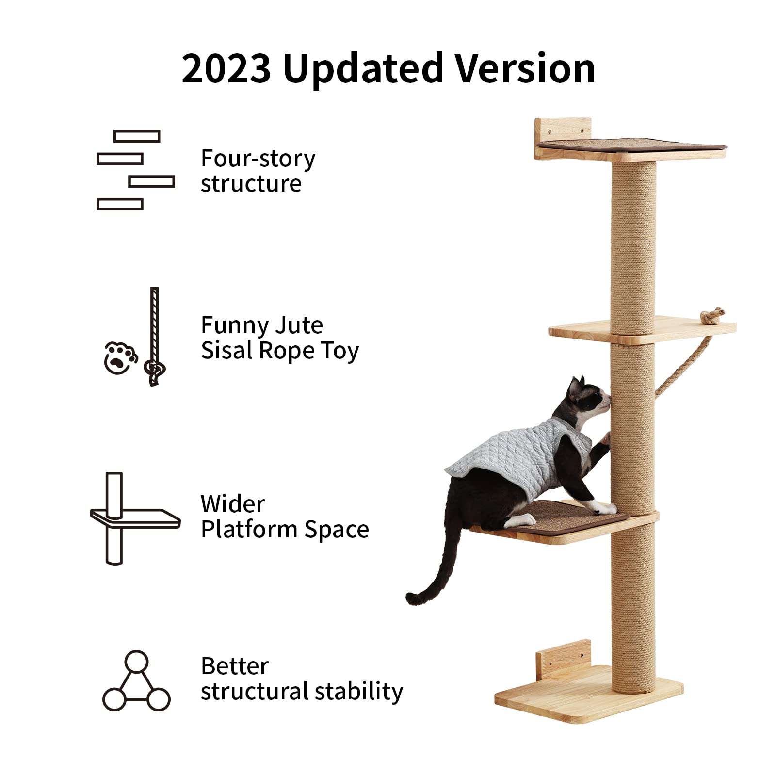 Fukumaru Cat Scratching Activity Tree Wall Mounted, 50 Inch Scratch Post For Large Cats, Kittens With Cat Bed, Rubber Wood, Large