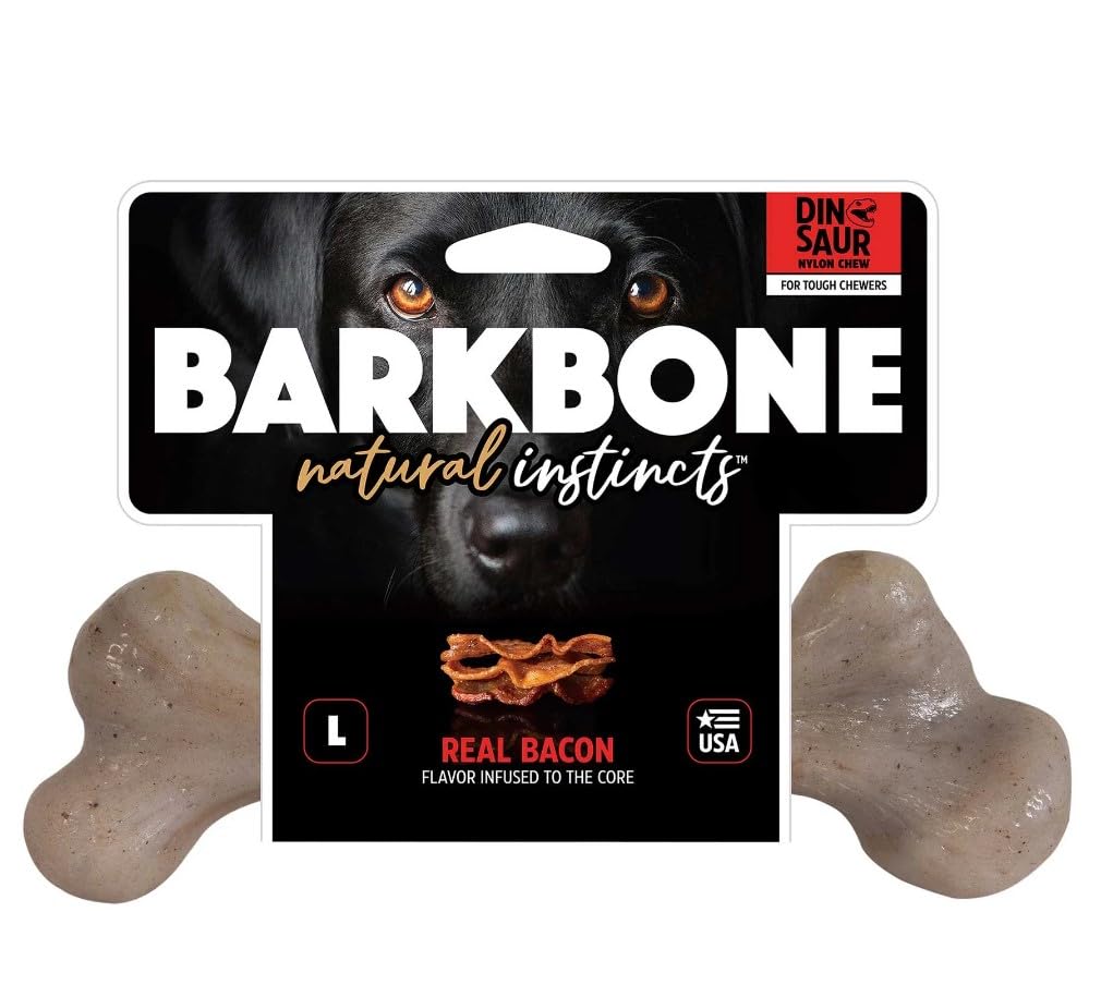 Pet Qwerks Dinosaur Barkbone - Nylon Dog Bone For Aggressive Chewers - Bacon Flavor - 6.5'