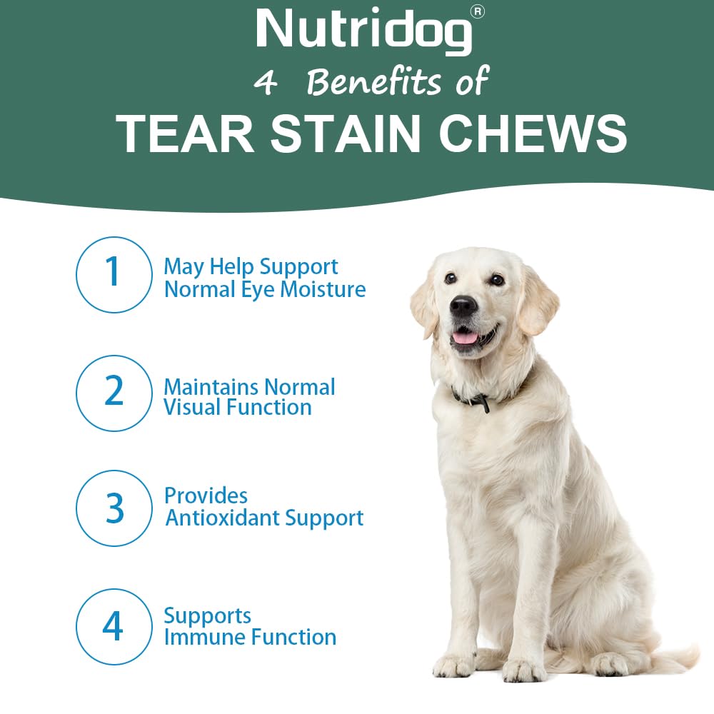 Nutridog Tear Stain Chews for Dogs - Dog Tear Stain Remover & Supplement with Antioxidant Blend, Vitamin C, Lutein - 120ct Beef