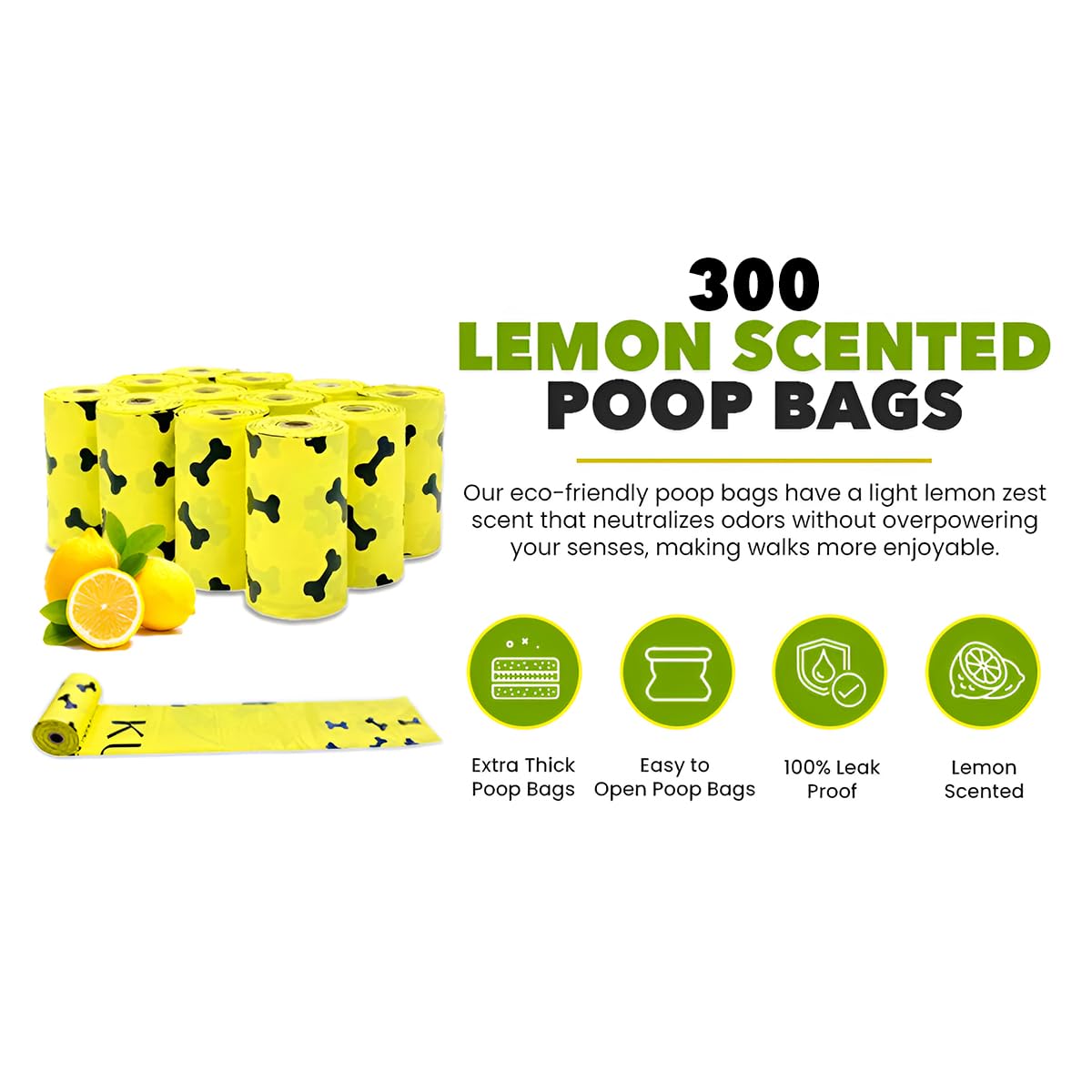 Kutie.Paw Dog Poop Bags - 300 Count - Lemon Scented Biodegradable Poop Bag For Dogs - Leak Proof Extra Thick Compostable Dog Was