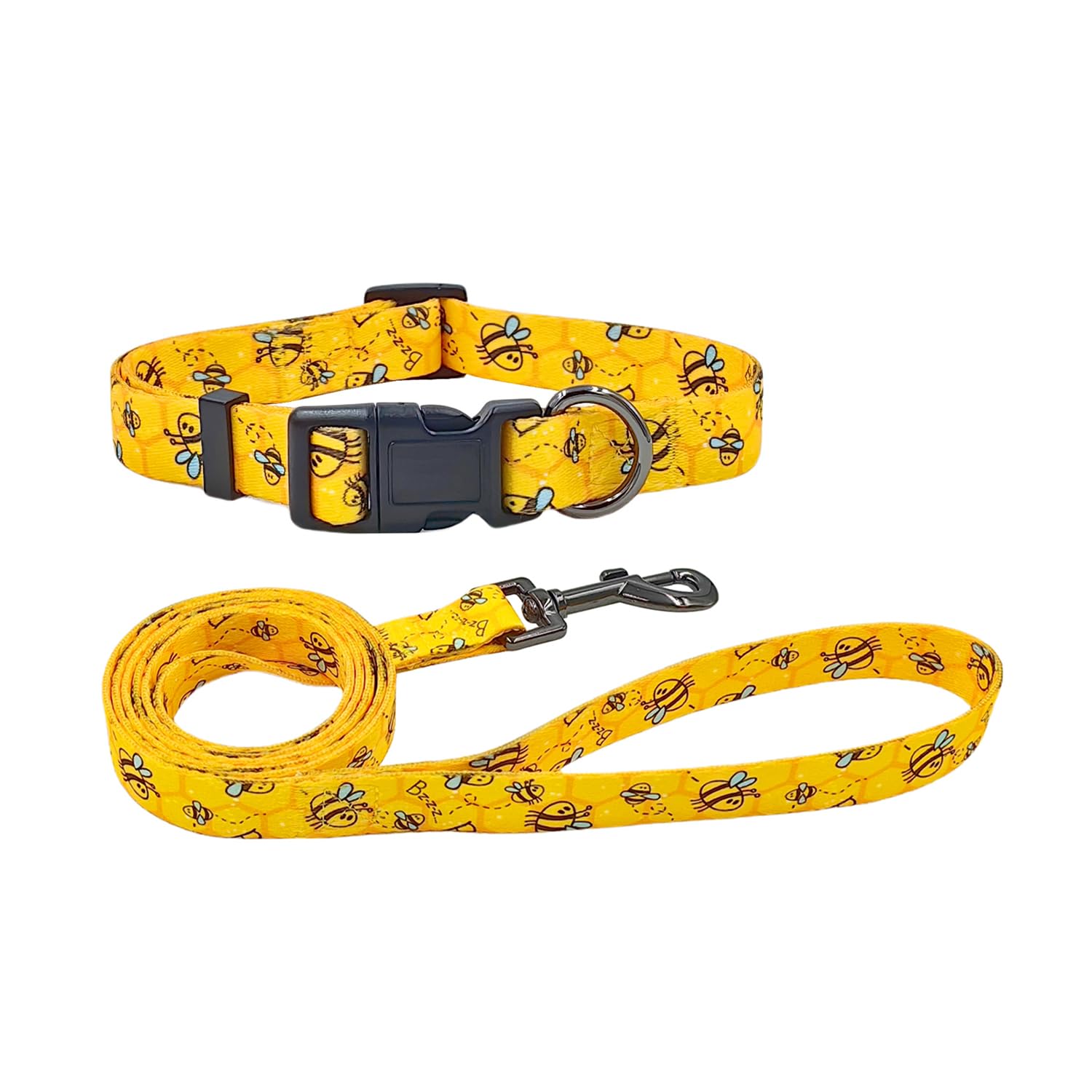 Olahibi Dog Collar Leash Set, Busy Bee Pattern, 5Ft Matching Leash, Polyester Material, 4 For Small Medium Large Dogs.(L, Bee)