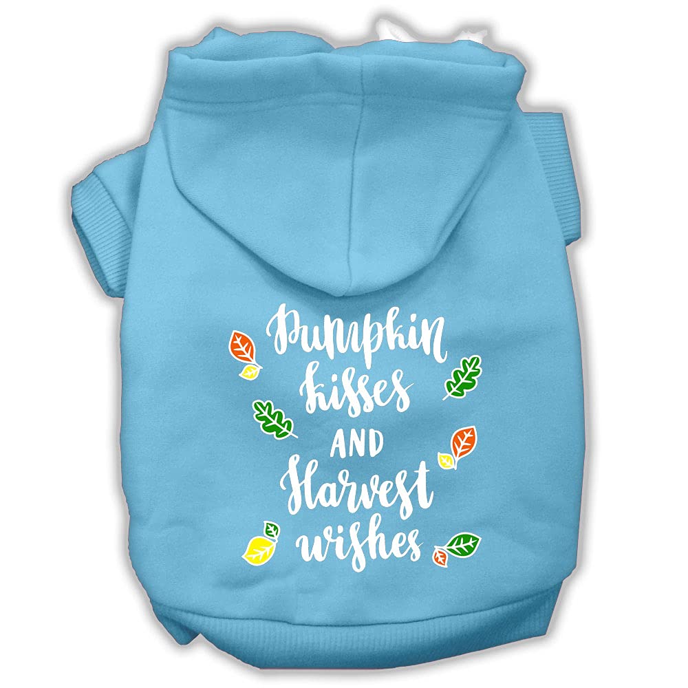 Pet, Dog And Cat Hoodie Screen Printed, 'Pumpkin Kisses & Harvest Wishes' Baby Blue Md (6-10 Lbs.)
