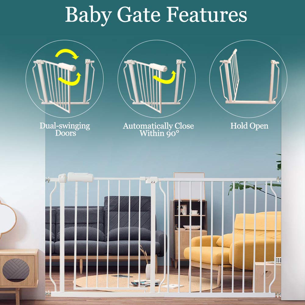 ALLAIBB Extra Wide Pressure Mounted Baby Gate Walk Through Child Kids Safety Toddler White Long Large Pet Dog Gates with Extensi