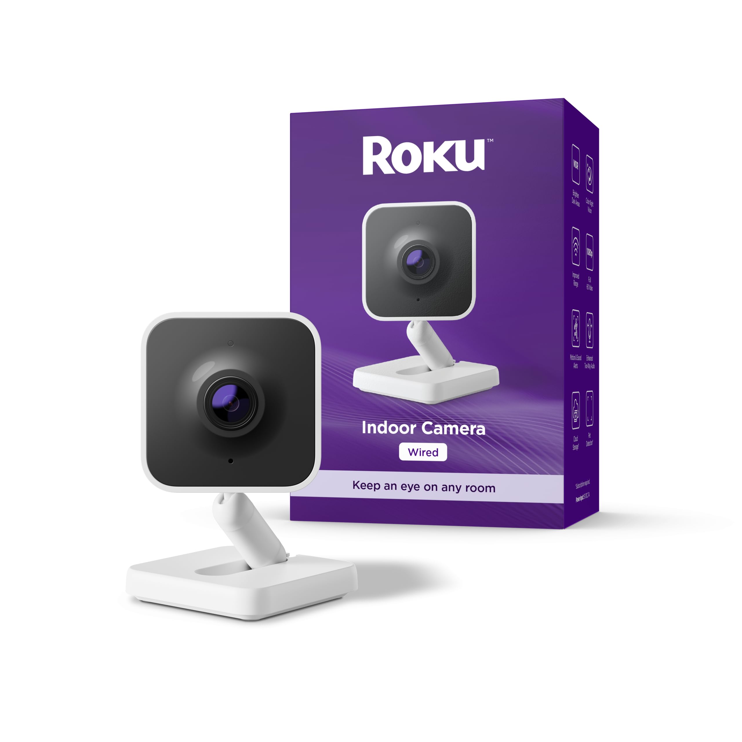 Roku Indoor Camera - Home Security - 1-Pack - Wired Security Camera & Pet Monitor with 1080p HD Color Night Vision, Works with Alexa & Google, Motion & Sound Detection, WDR & WiFi 6 -Like New