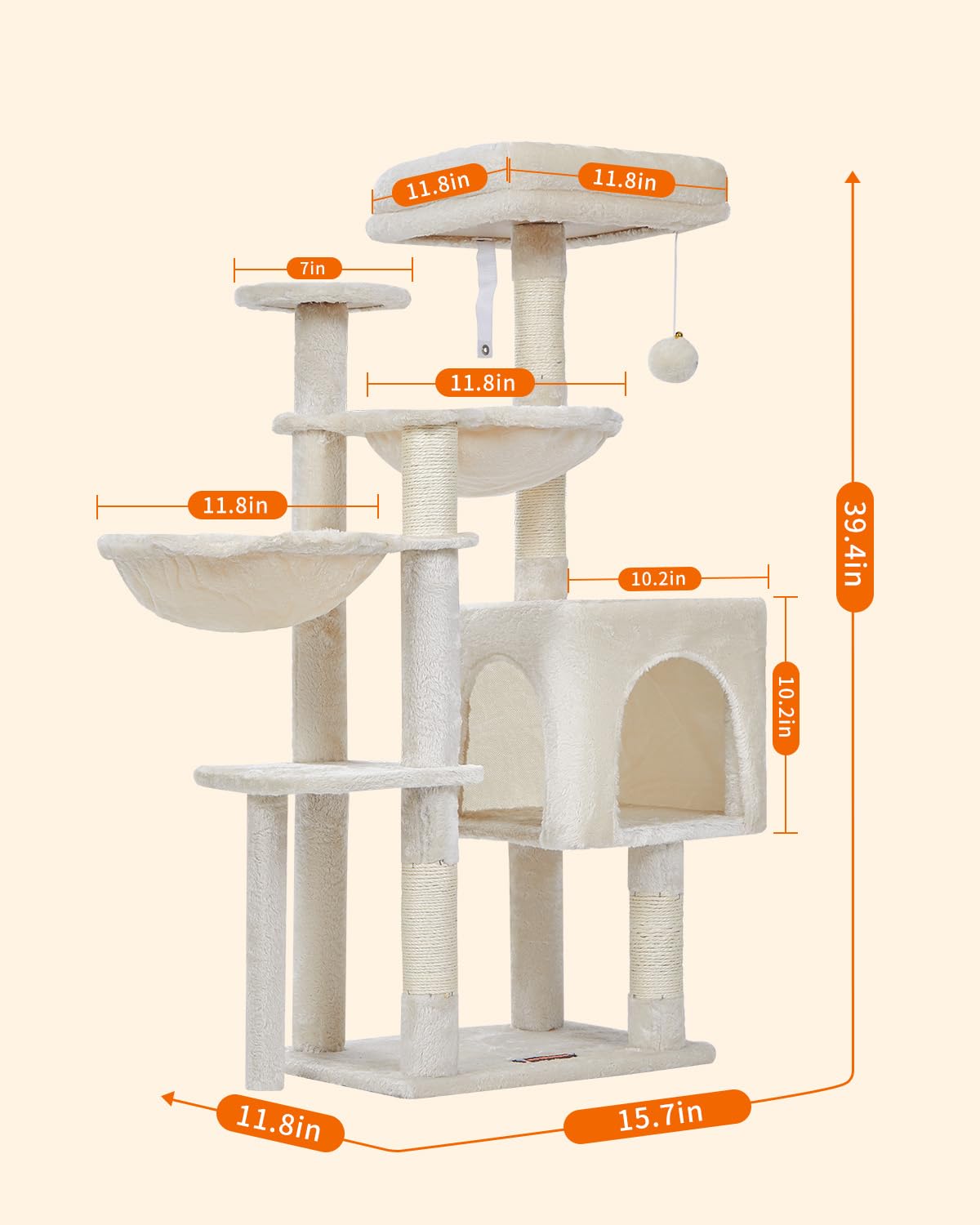 Taoqimiao Cat Tree, 39.4-Inch Cat Tower For Indoor Cats,Suitable For Kittens,Plush Cat Condo With 5 Scratching Posts, Plush Perc