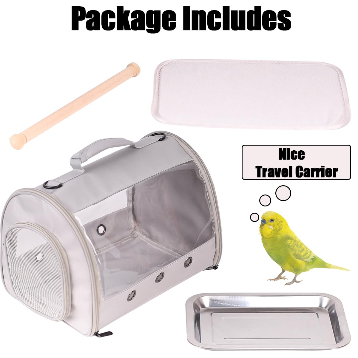 Small Bird Travel Carrier Cage for Long Tail Bird Parakeet Parrot, Includes Metal Tray Soft Mat and Wooden Standing Perch, Hands