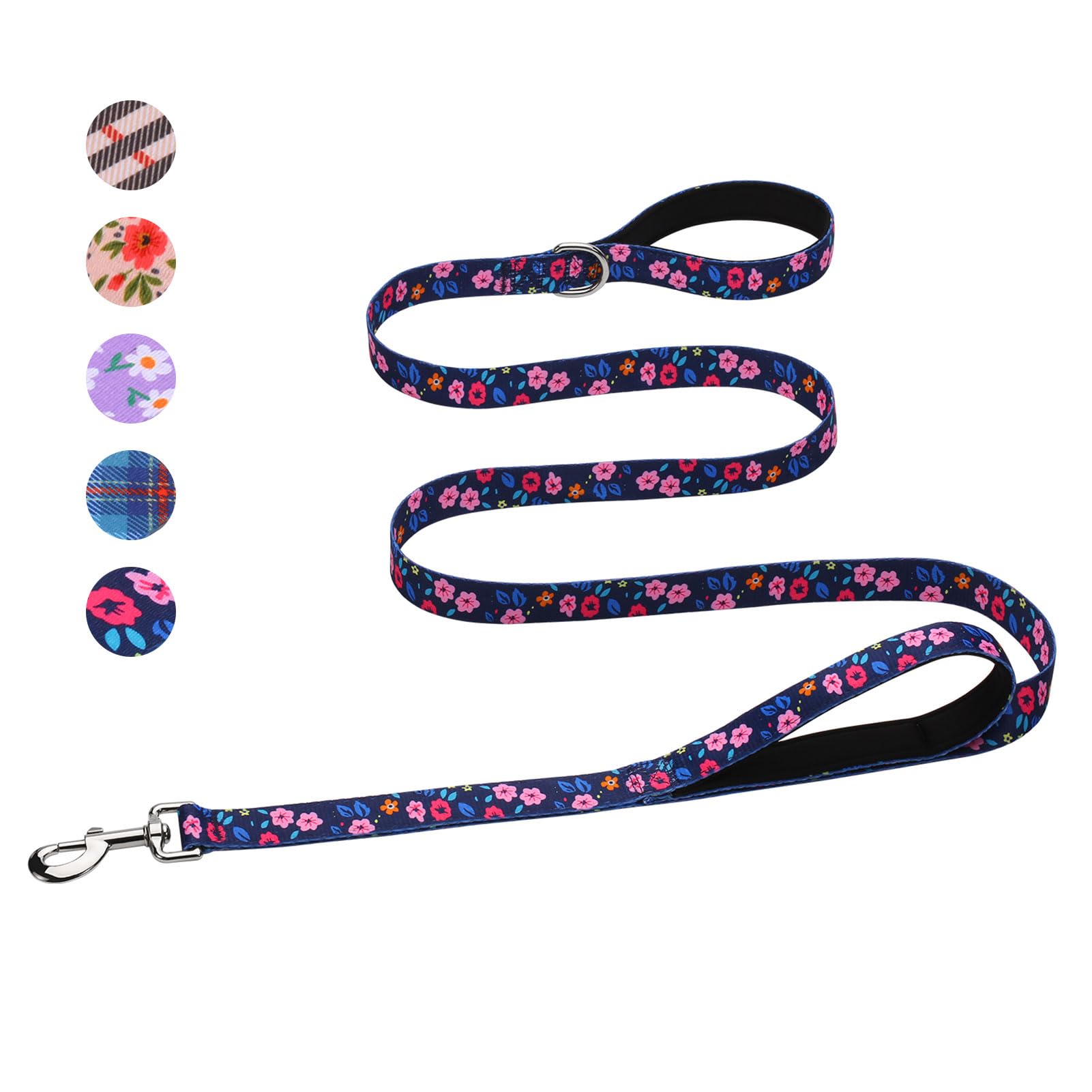 Hikiko Double Handle Dog Leash 6 Ft For Medium Large Dogs, Padded Traffic Handles Lead For Walking Training (Navy Blue Floral)