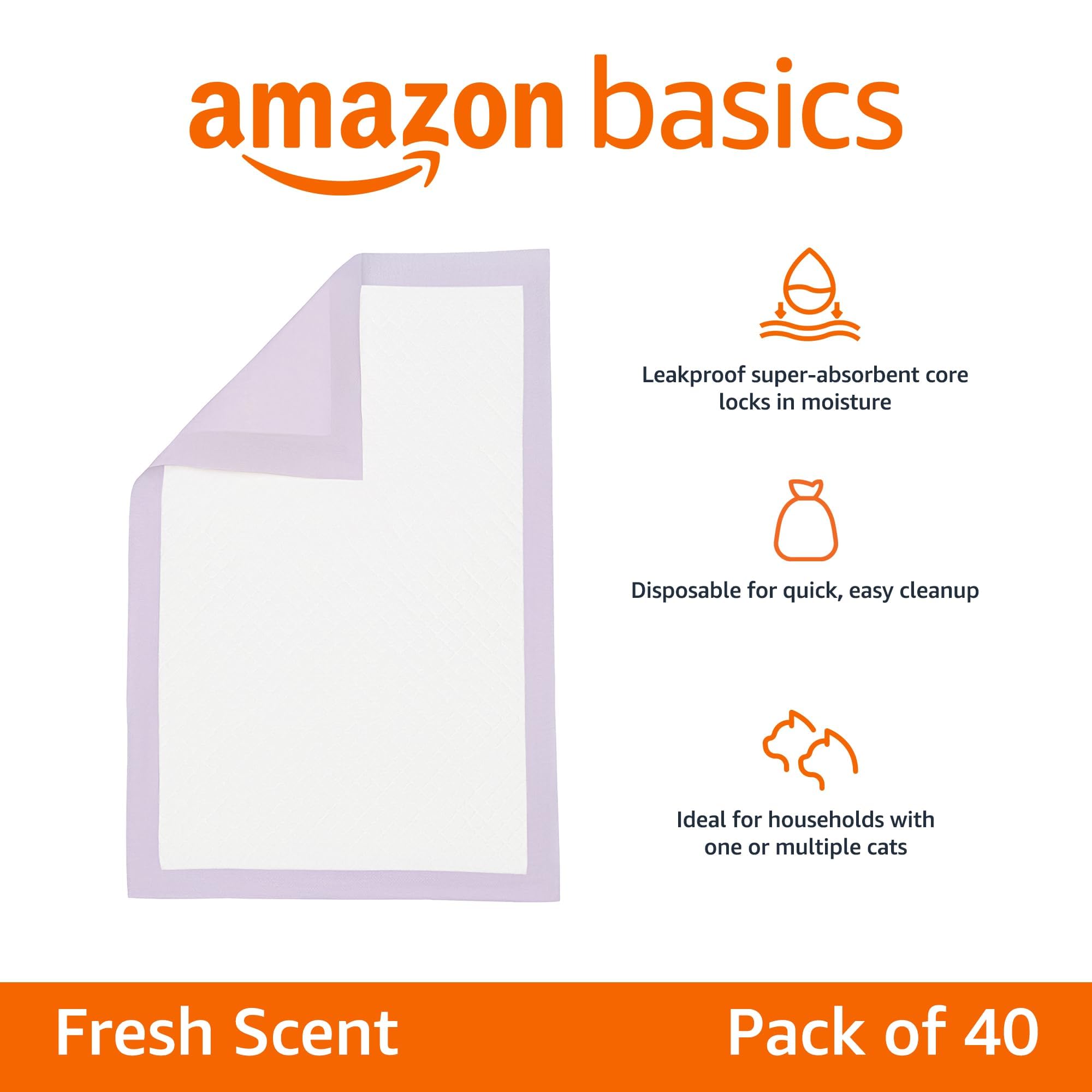Amazon Basics Cat Litters Pee Pads, 40 Count, Universal Fit For Litter Box, Odor Control With Fresh Scent, Purple And White