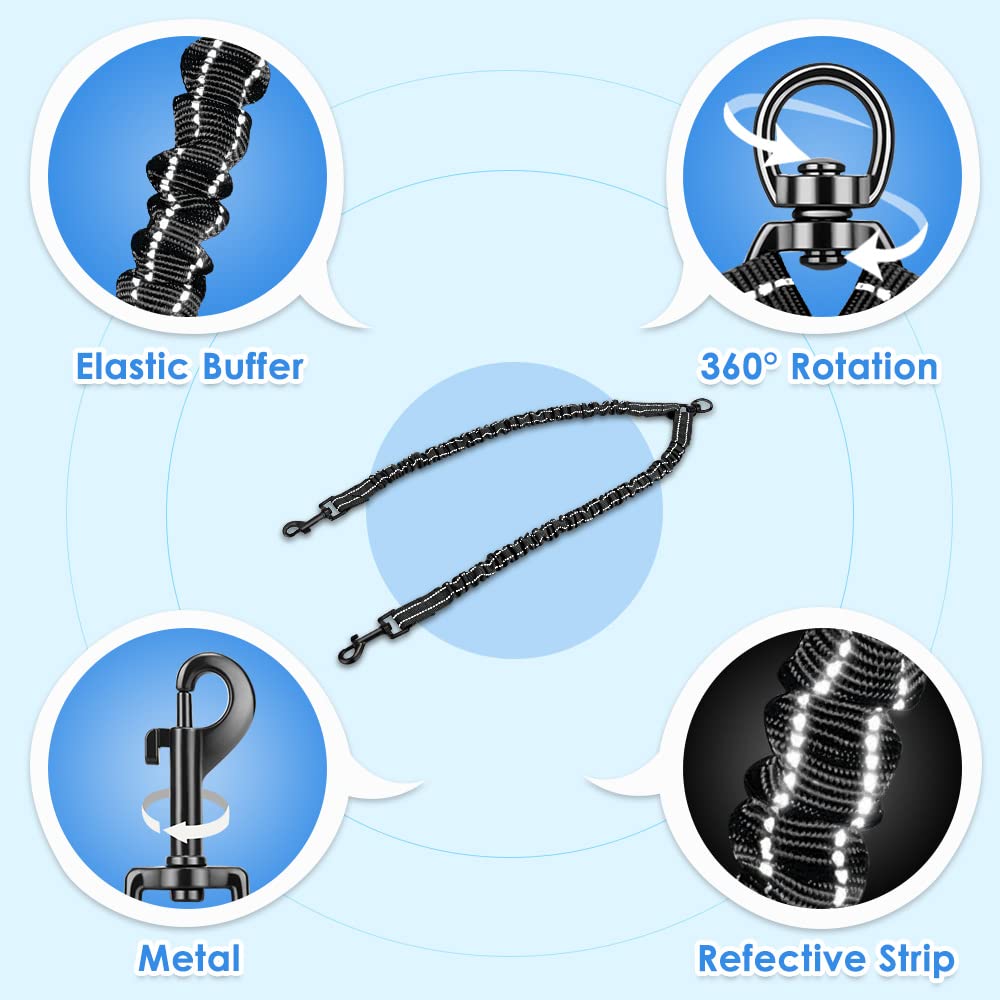 Autowt Double Dog Leash, No Tangle 360 Swivel Rotation Reflective Lead Attachment Bungee Extension Length Dual Two Dog Lead Spli