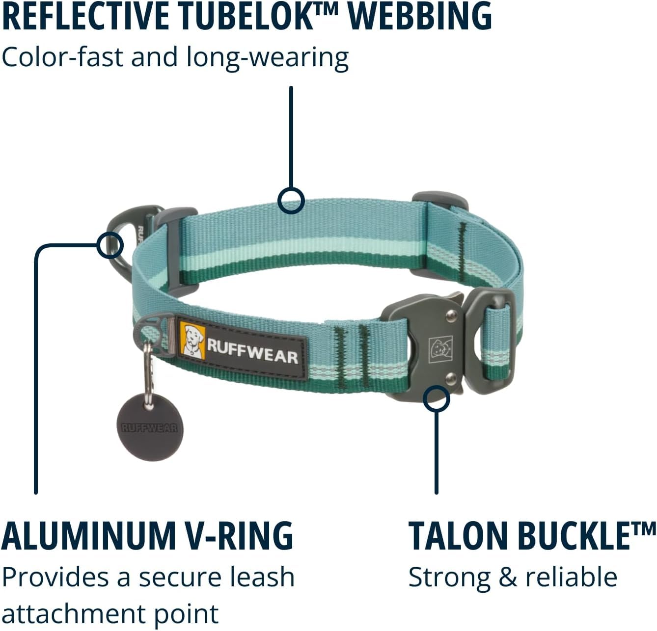 Ruffwear, Top Rope Dog Collar, Reflective Metal Buckle Dog Collar for Everyday Use, River Rock Green, 20-26