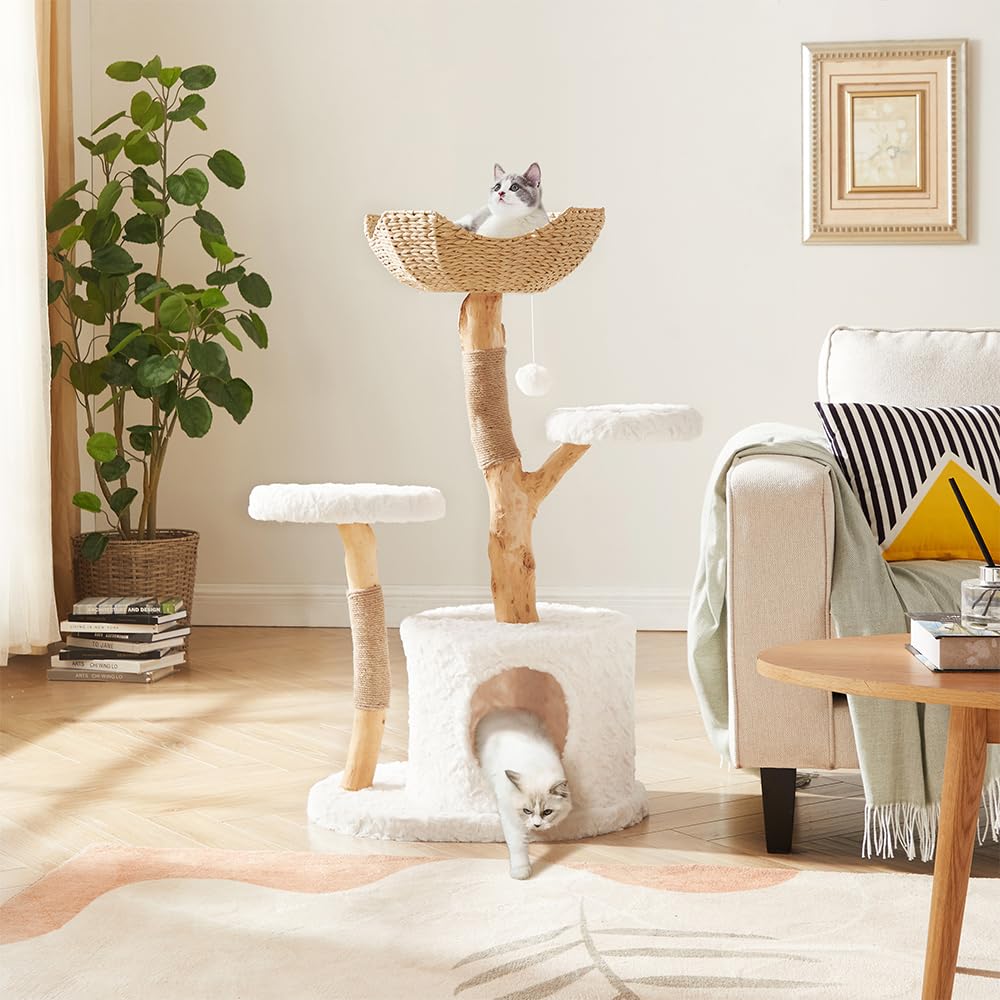Unipaws Modern Cat Tree Tower For Small And Large Cats, Real Solid Wood Branch Luxury Cat Condo With Scratching Post And Cat Bed