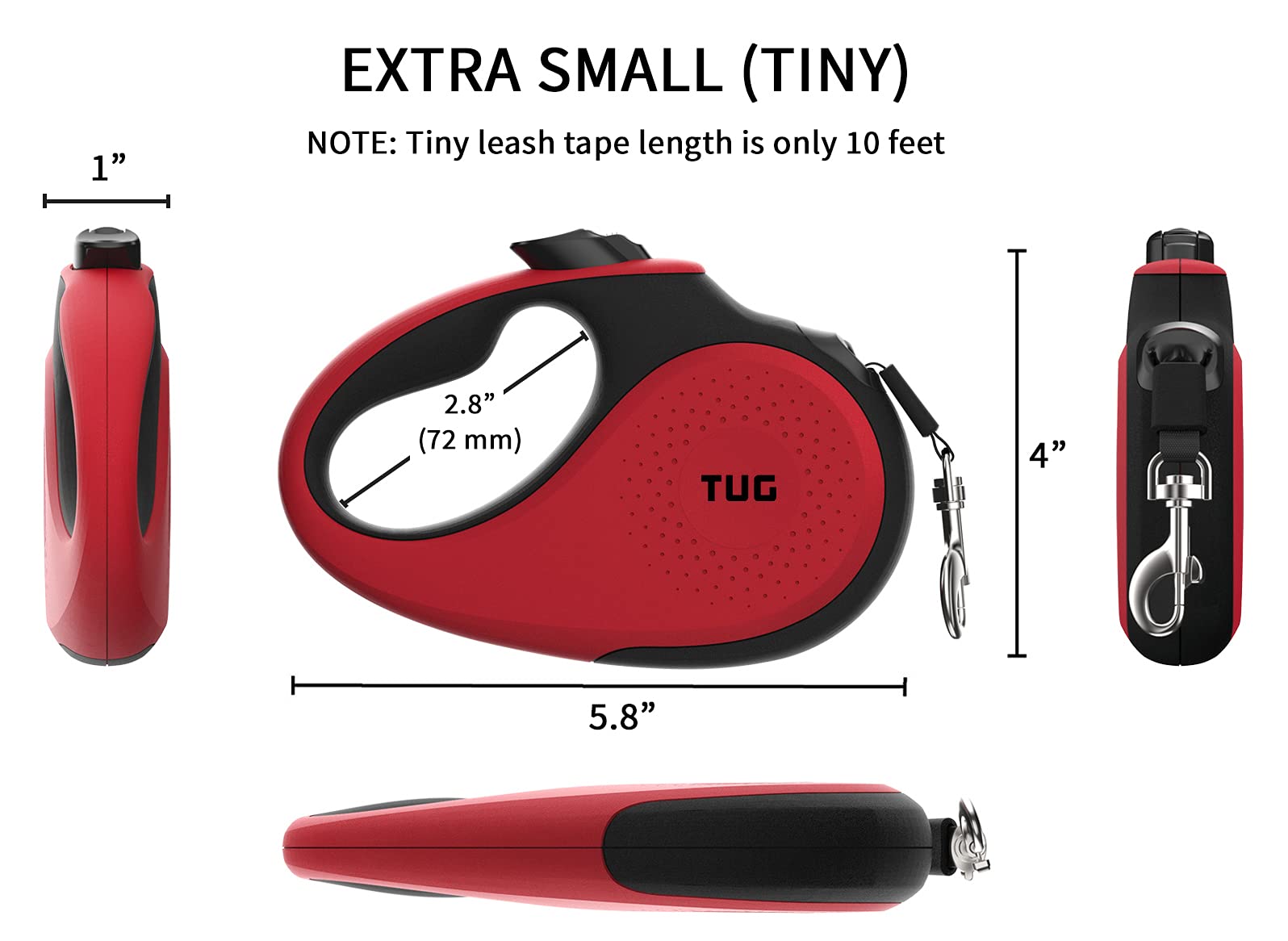 Tug Tiny 360 Tangle-Free Retractable Dog Leash With Anti-Slip Handle | 10 Ft Nylon Tape | One-Handed Brake, Pause, Lock (Red)