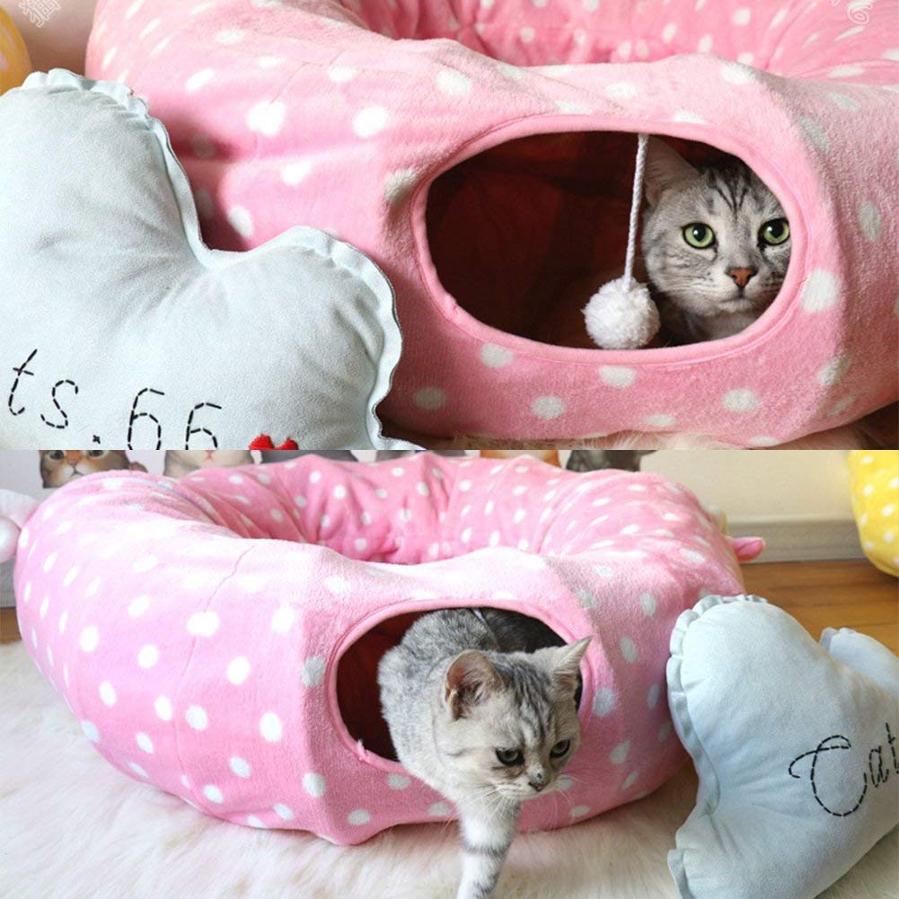 Auoon Cat Tunnel Bed With Central Mat,Big Tube Playground Toys,Soft Plush Material,Full Moon Shape For Kitten,Cat,Puppy,Dog,Rabbit,Ferret,Pink