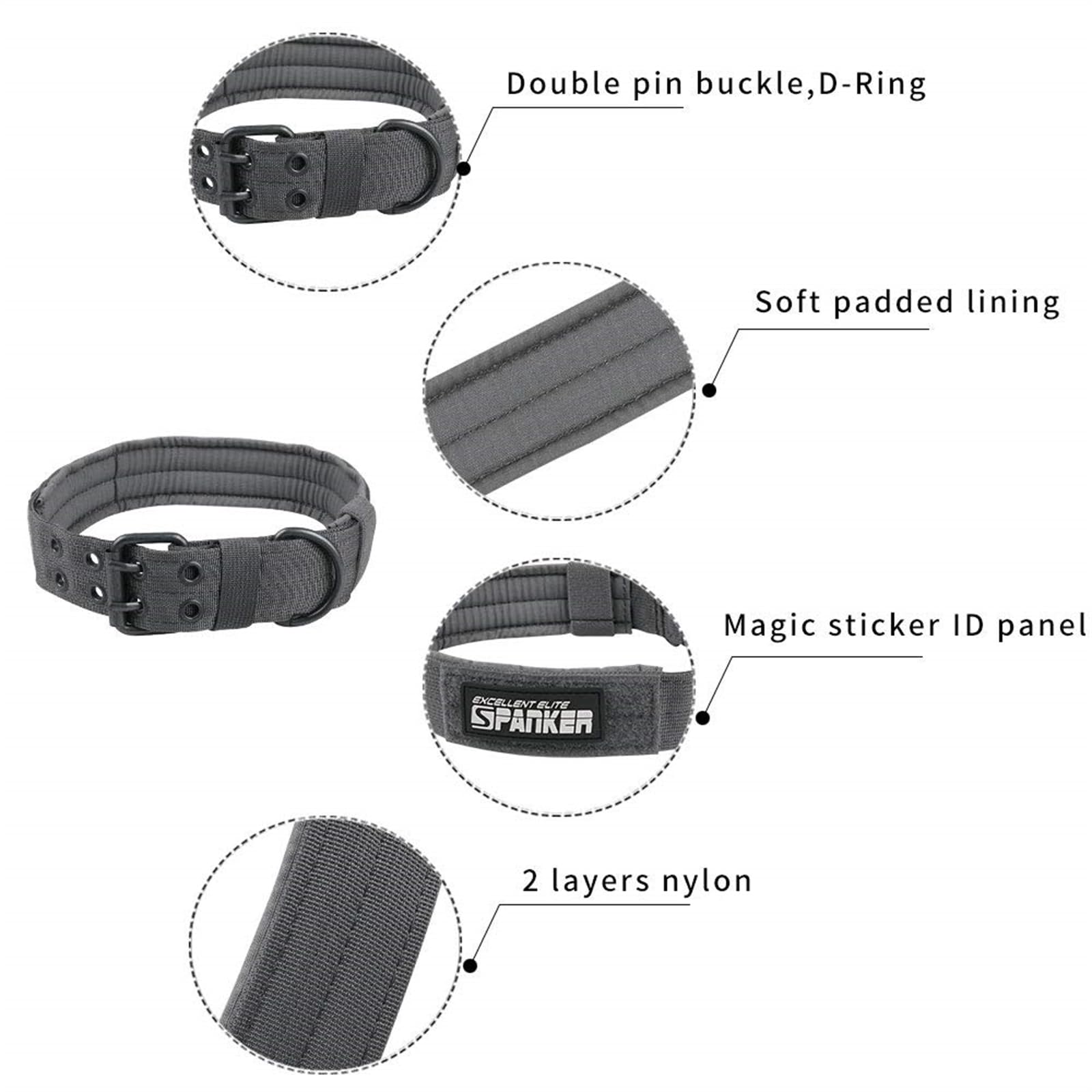 Excellent Elite Spanker 1.5' Width Military Dog Collar Adjustable Metal D Ring & Buckle Working Dog Collar For Medium Large Dogs(Grey-Xl)