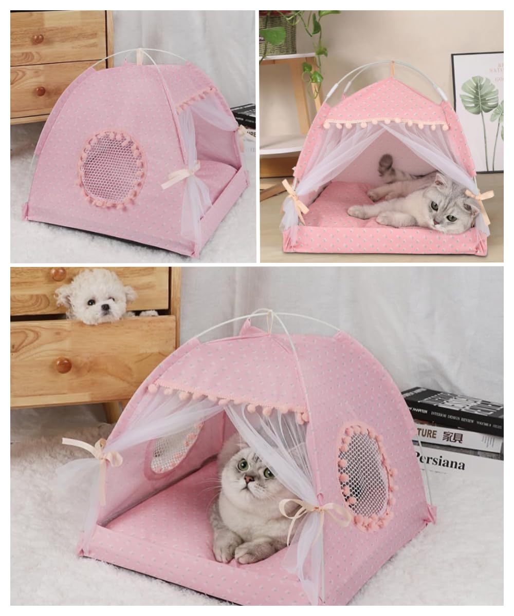 Cat Bed Tents Dog House Indoor Outdoor Lace Mesh Breathable Windows Door Curtains Removable Portable Nest Teepe House (Small,Pin