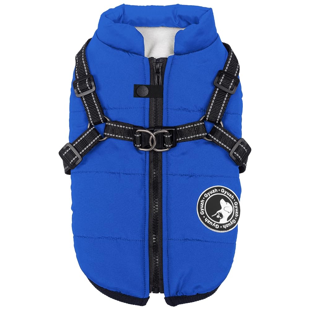 Gyuzh Winter Fleece Dog Jacket - Waterproof Zipper Harness with Reflective Stripe, Small to Large